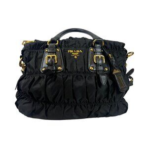 Tessuto Gaufre Nylon Satchel Bag – Black Pleated with Leather Trim